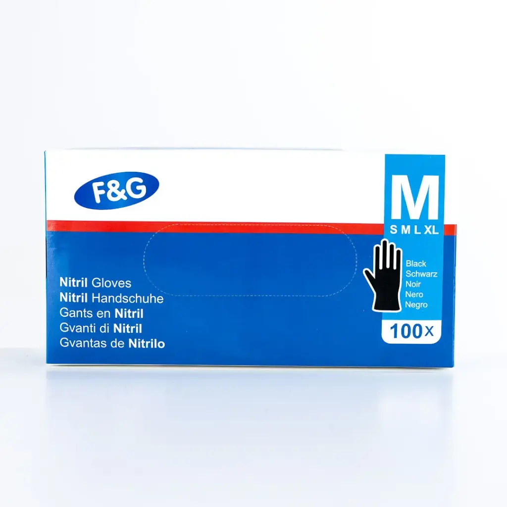 Disposable nitrile gloves black M – powder-free, latex-free – F&G – 10 x 100 pcs