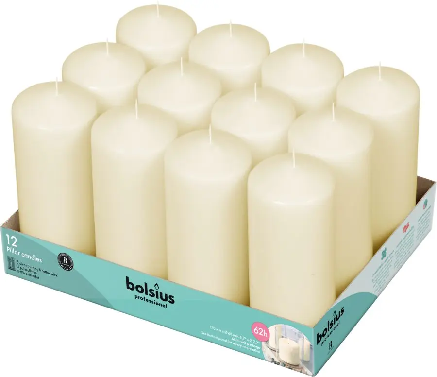 Stumpenkerzen glatt Elfenbein Bolsius 62 Std. 170 mm x 68 mm 12 Stück