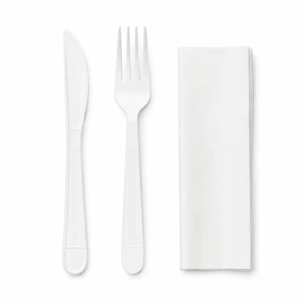 Ensemble de couverts plastique réutilisables blancs - fourchette + couteau + serviette - 250 pcs