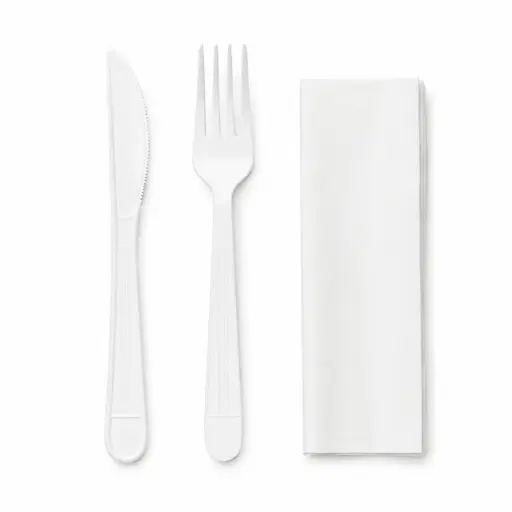 Ensemble de couverts plastique réutilisables blancs - fourchette + couteau + serviette - 250 pcs